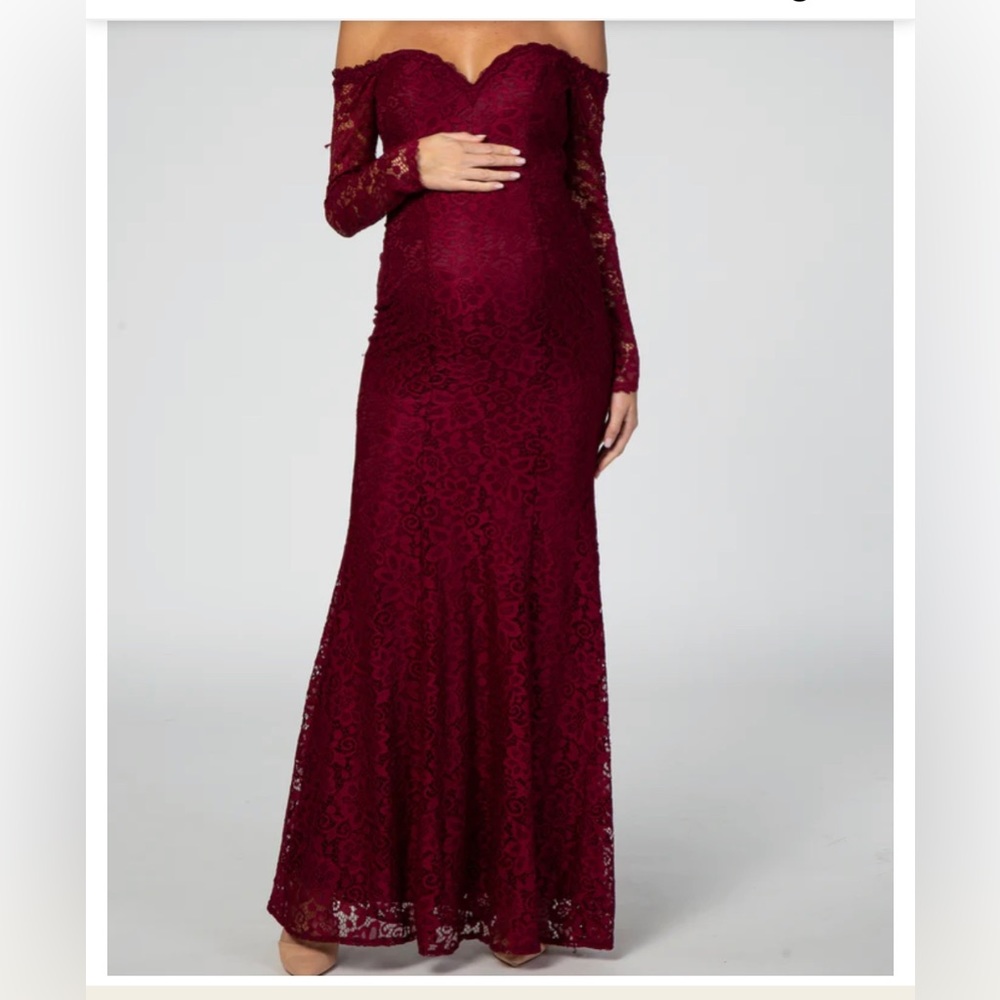 PinkBlush Burgundy Lace Off Shoulder Long Sleeve Maternity Maxi Dress